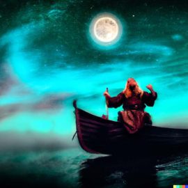 Seereise-Meditation der Wikinger: Wikinger meditiert auf seinem Schiff auf dem Wasser unter dem Vollmond - eine schöne Wikinger-Meditation